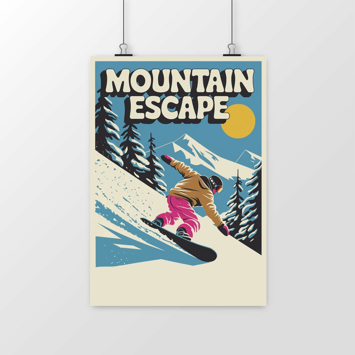 AFFICHE VINTAGE SNOWBOARD MOUNTAIN ESCAPE SHIRT ISLAND