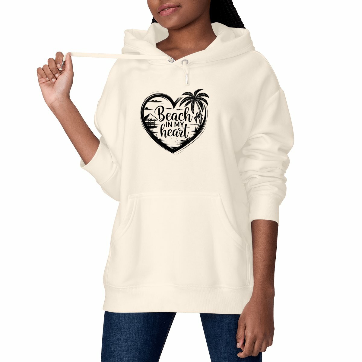 SWEATSHIRT A CAPUCHE BIO PREMIUM BEACH IN MY HEART FEMME SHIRT ISLAND SURF MODELE IVOIRE
