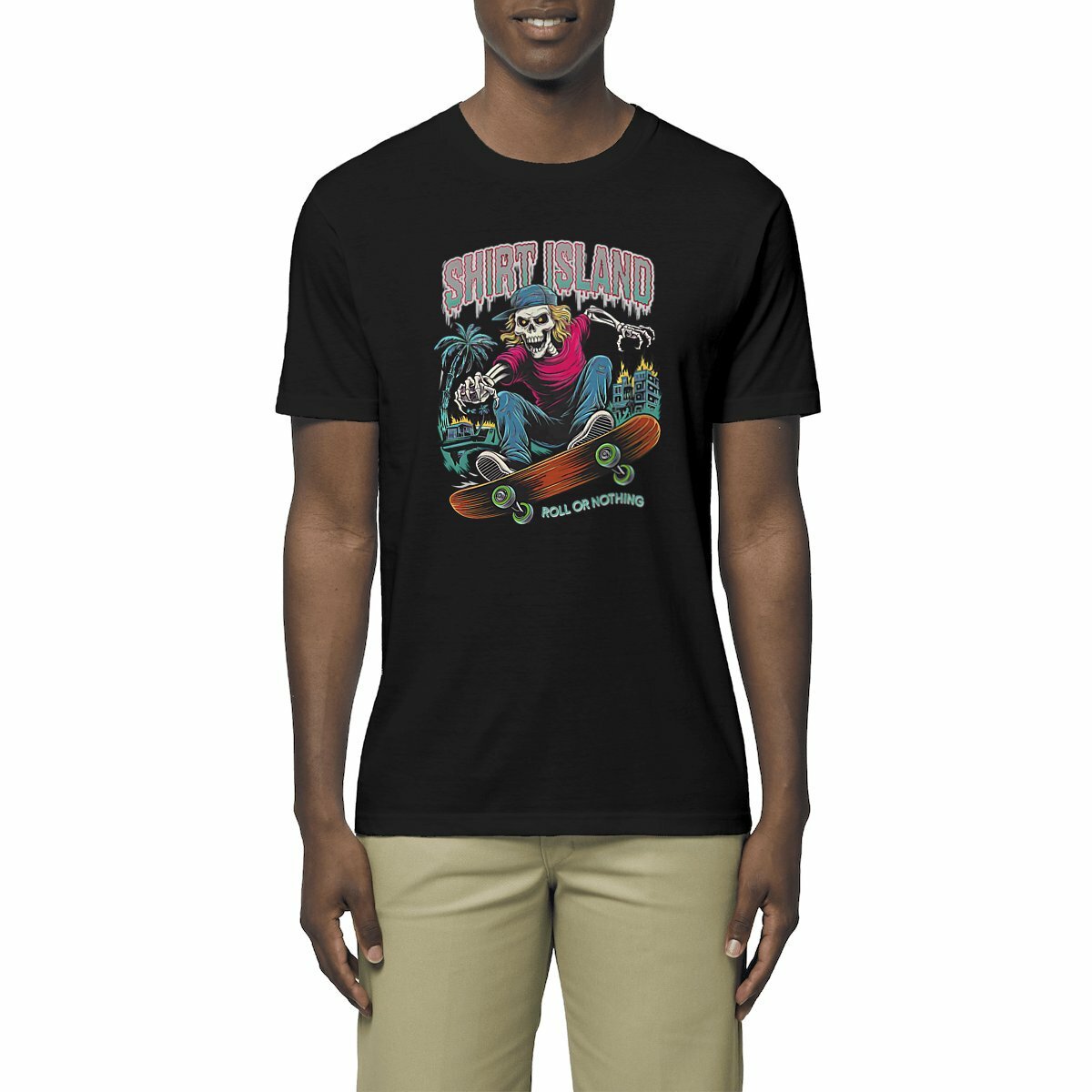 TEE SHIRT BIO PREMIUM SKATE SURF SHIRT ISLAND ROLL OR NOTHING MODEL NOIR