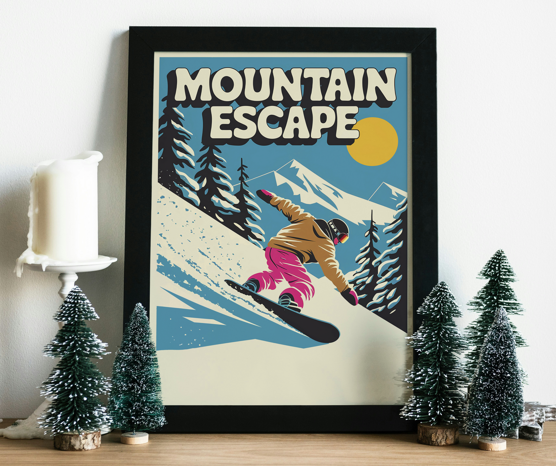 AFFICHE VINTAGE SNOWBOARD MOUNTAIN ESCAPE SHIRT ISLAND
