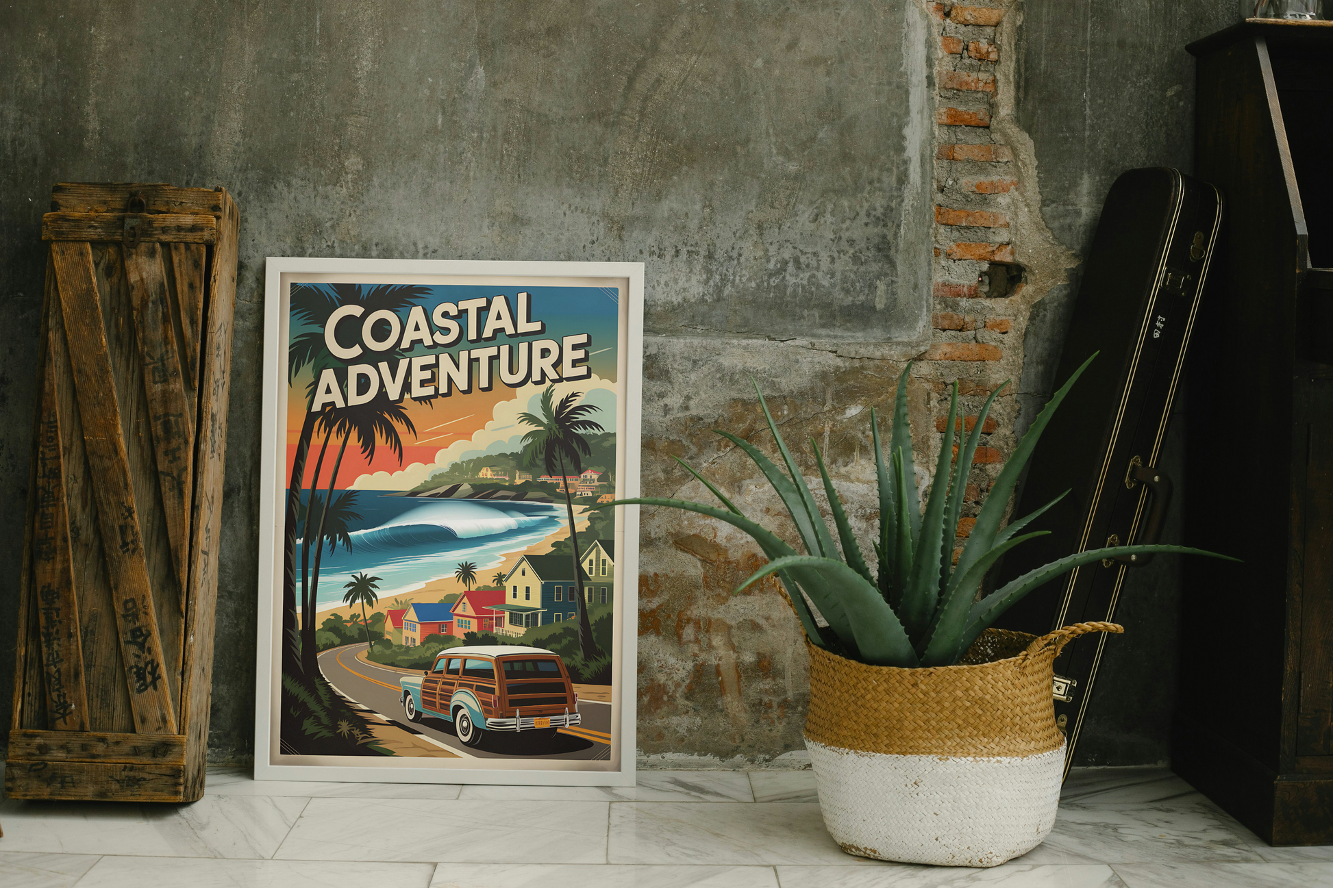 AFFICHE SURF VINTAGE COASTAL ADVENTURE SHIRT ISLAND MODEL