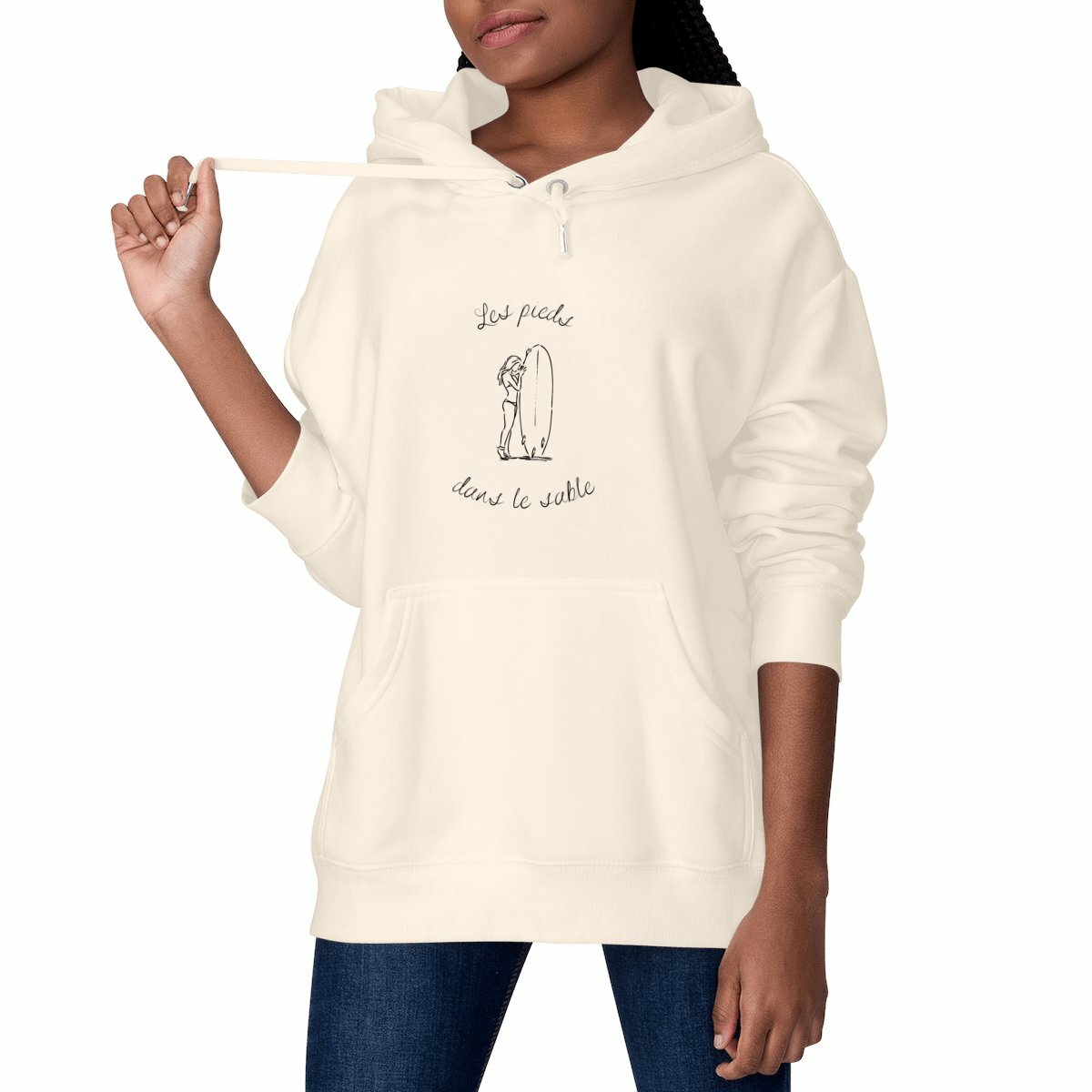 SWEATSHIRT A CAPUCHE BIO PREMIUM SURF LES PIEDS DANS LE SABLE SHIRT ISLAND MODELE IVOIRE