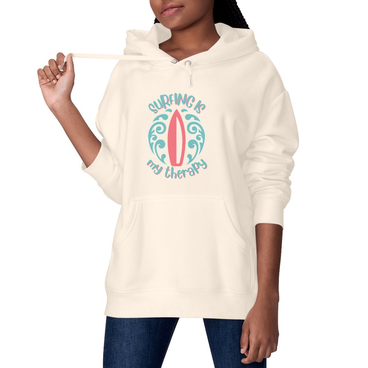 SWEATSHIRT A CAPUCHE BIO PREMIUM FEMME SURF SURFING IS MY THERAPY SHIRT ISLAND IVOIRE MODELE