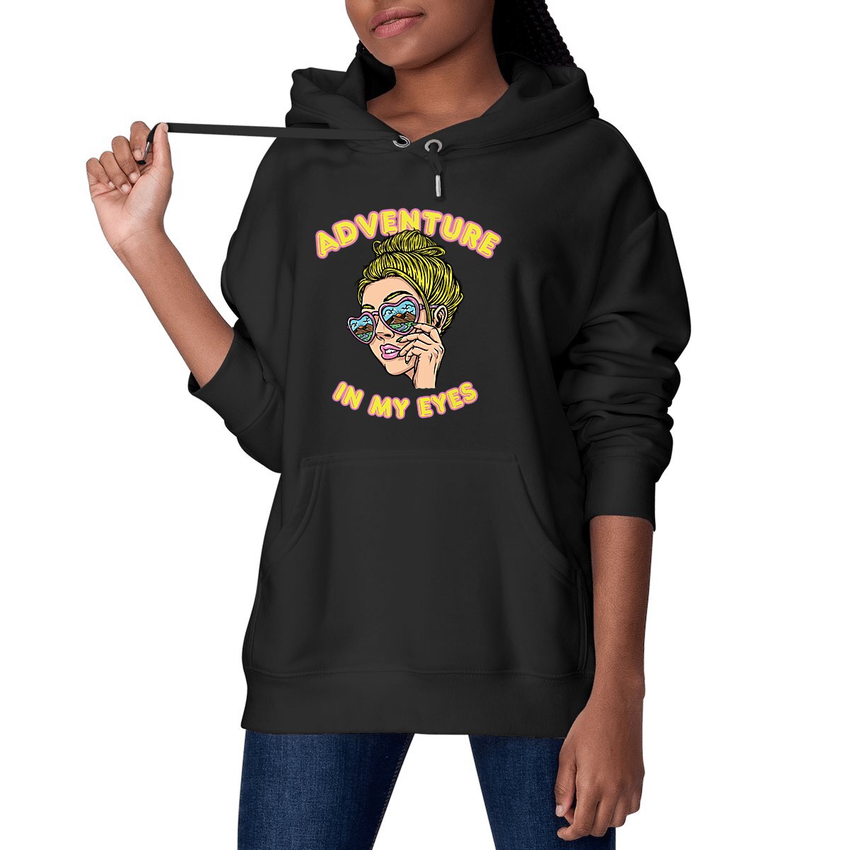 SWEATSHIRT A CAPUCHE BIO PREMIUM FEMME SURF ADVENTURE IN MY EYES SHIRT ISLAND NOIR MODELE